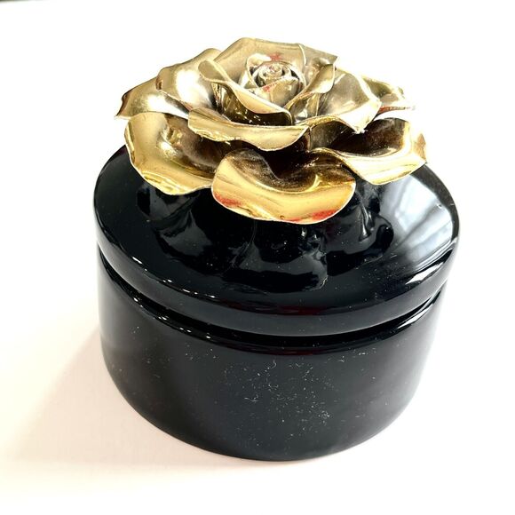 Trinket Box Ceramic 3D Gold Rose Floral Black Treasure Keepsake Jewelry Box Gift - Picture 1 of 9